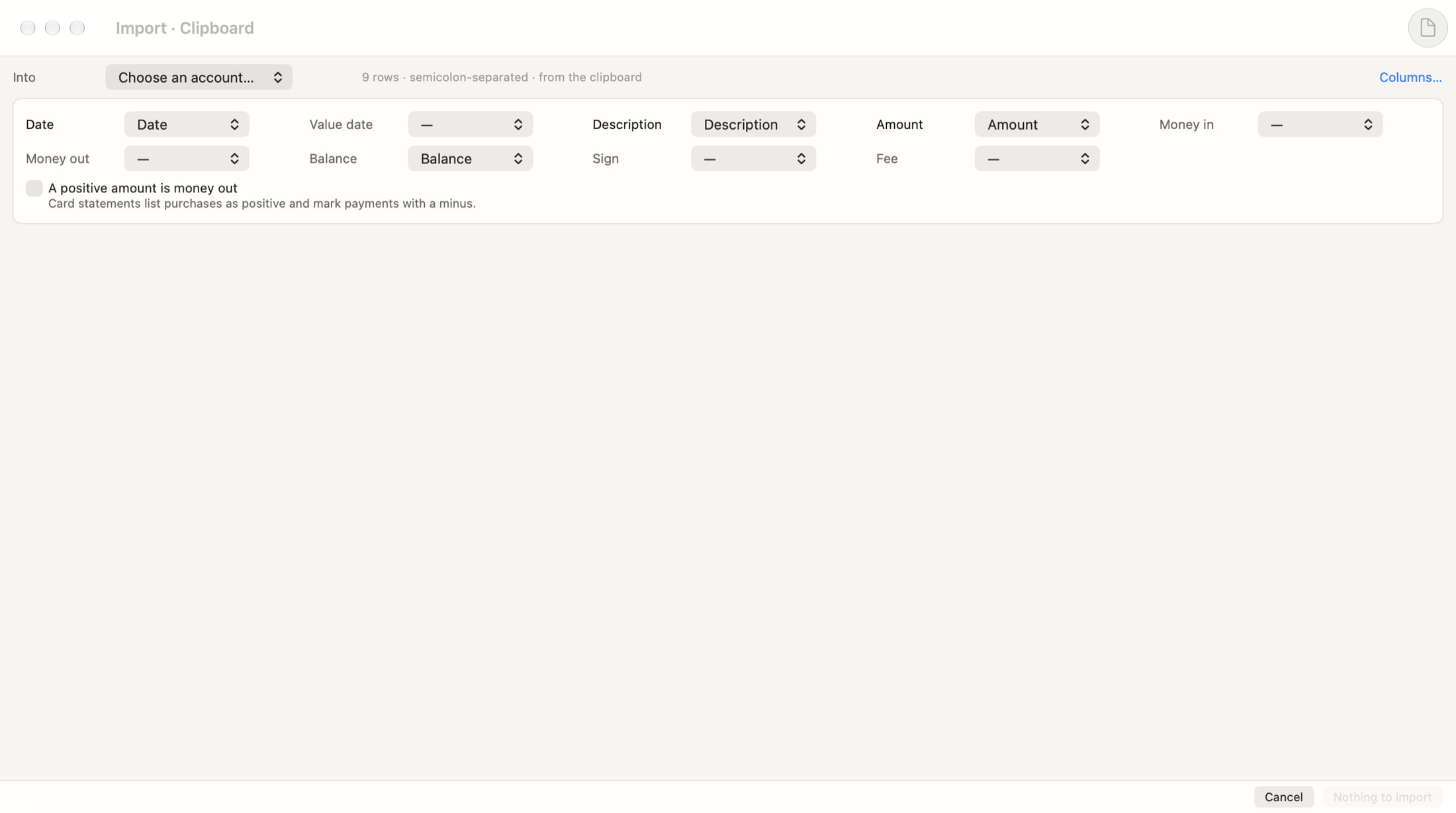 The import preview: lines from a bank statement with their suggested categories and the duplicates marked