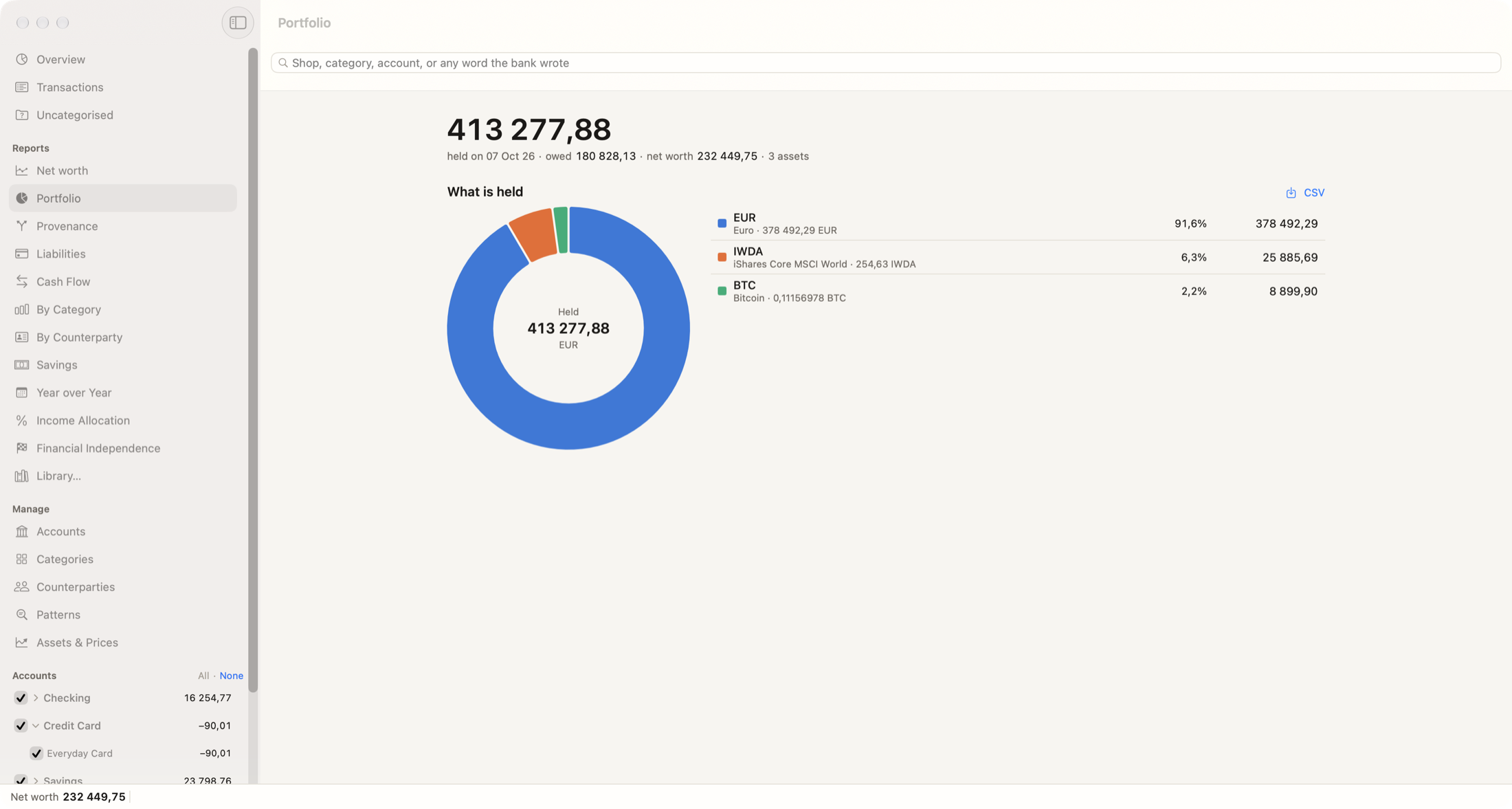 The Portfolio report: a ring with one slice per asset and a legend of values and shares beside it