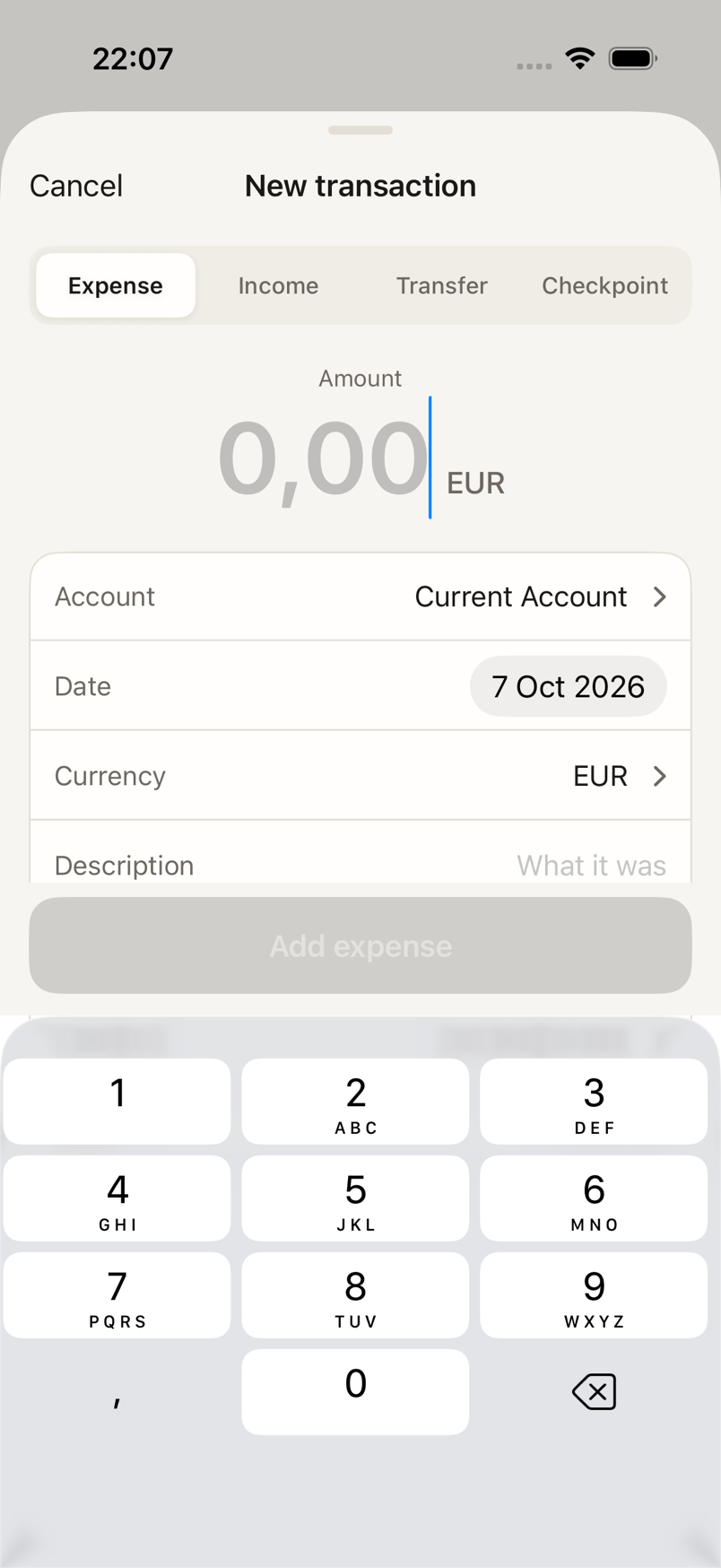 iPhone Add: one form for an expense, income, transfer or checkpoint, amount first
