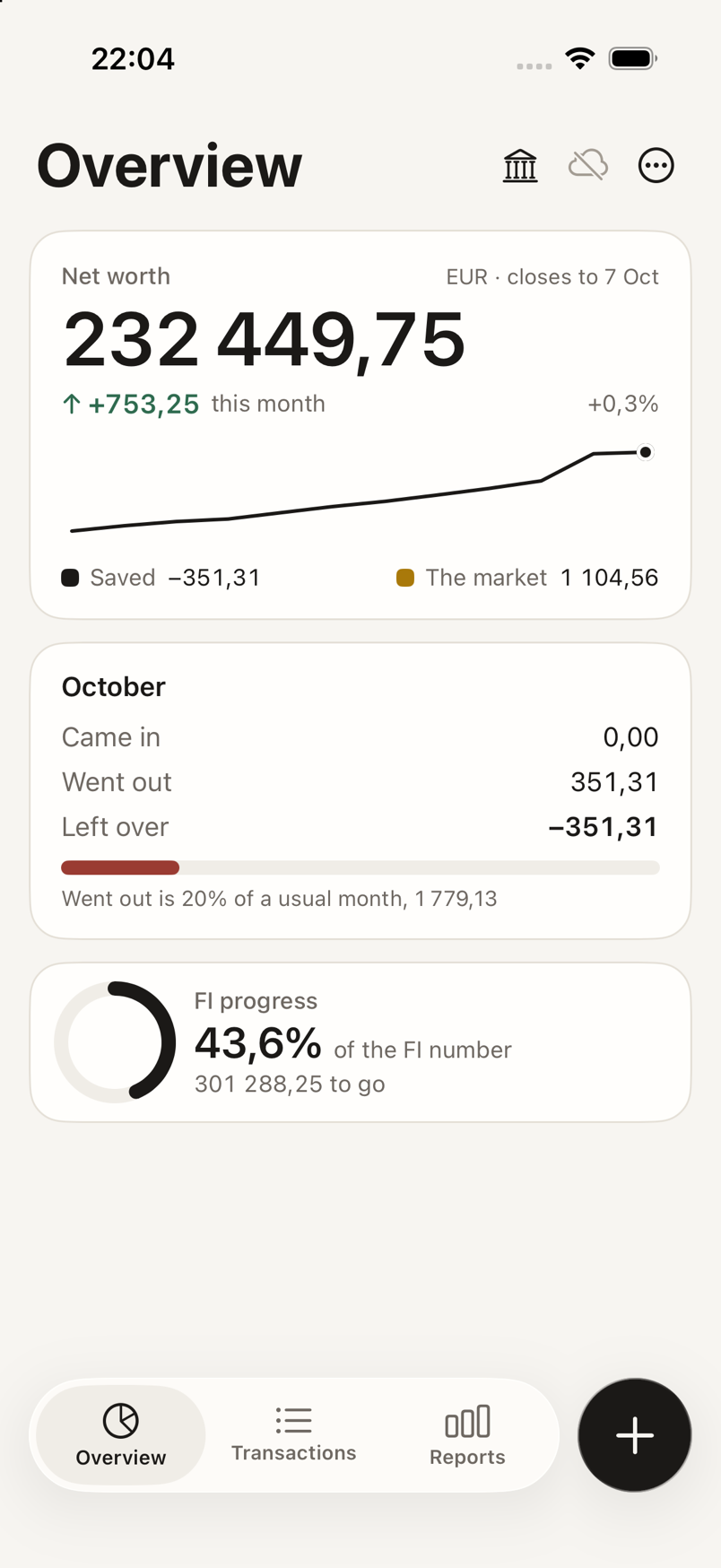 Compoundrix on the iPhone: the Overview tab with net worth and this month's spending