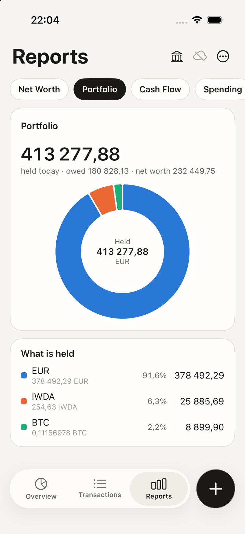 iPhone Reports: net worth, portfolio, cash flow, spending, savings and independence